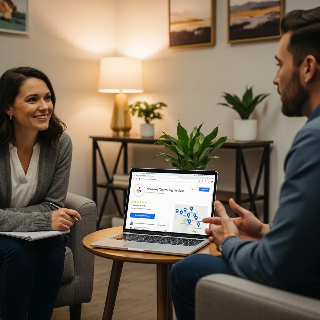 Therapist and client in a cozy office — a visual for why local SEO matters for nearby client discovery.
